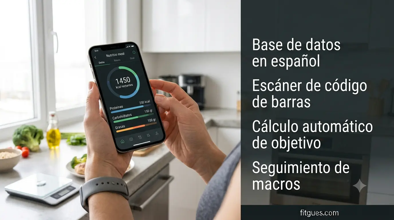 app para calcular calorías mostrando el registro de comidas y el seguimiento de macros