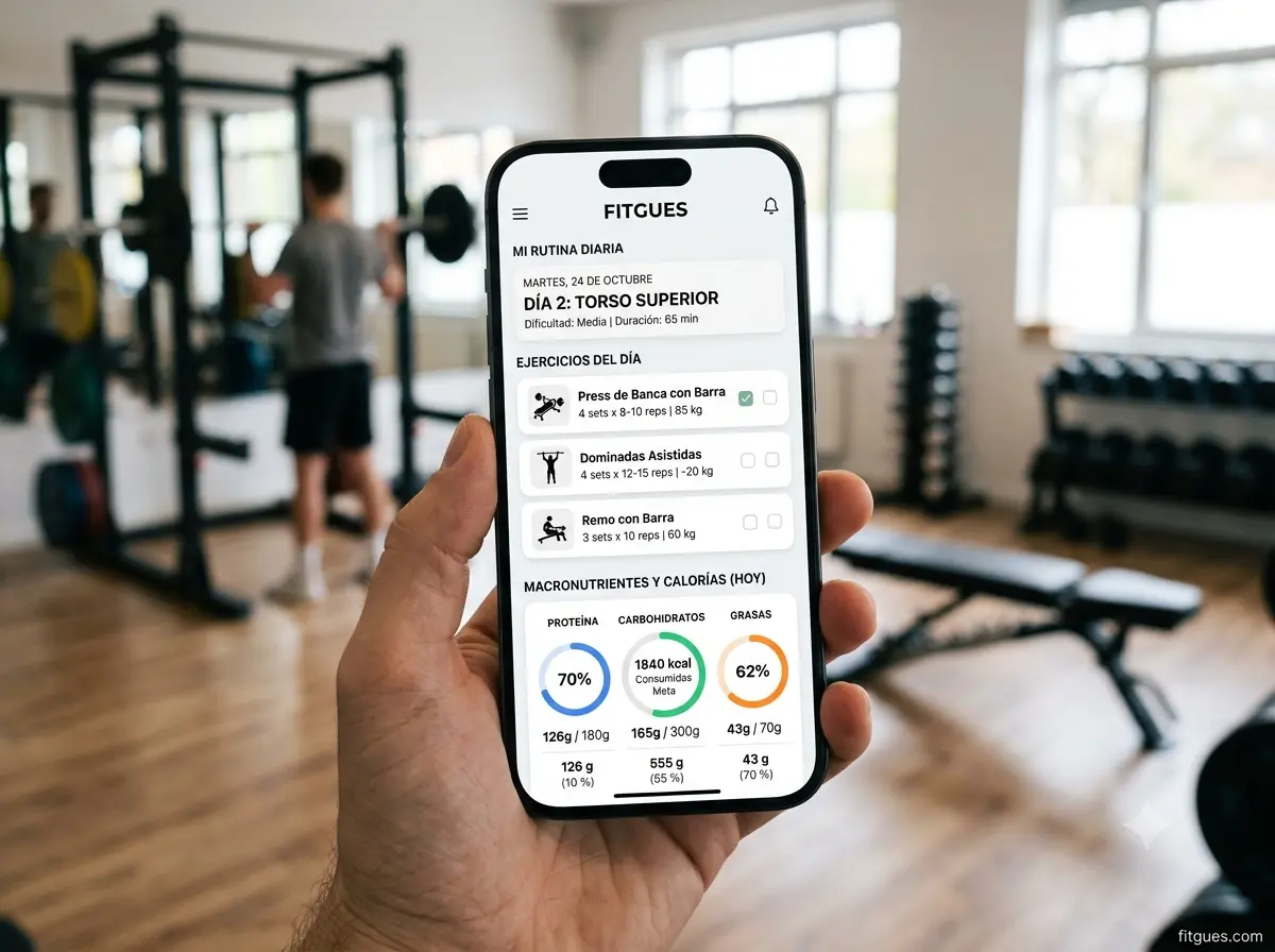 app de nutrición y fitness gratis mostrando rutina y dieta en una sola pantalla