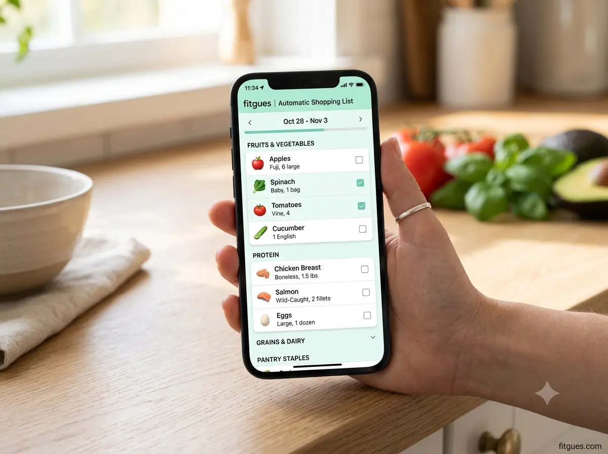app de nutrición mostrando la lista de la compra automática según el plan de comidas